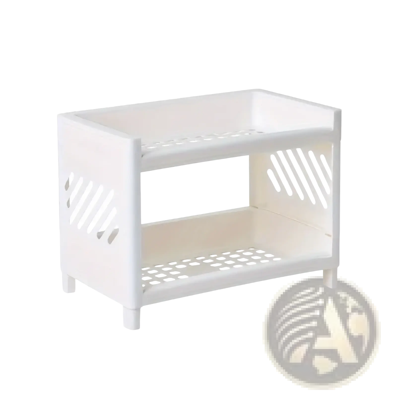 Desk organizer two tier white plastic storage rack with slotted sides and perforated shelves for desktop use