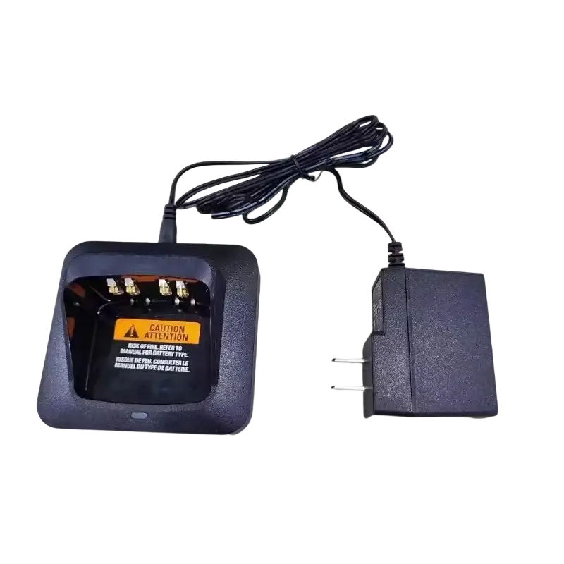 Black plastic desktop base charger with two battery slots and power adapter for motorola xts2500 xts1500 radios