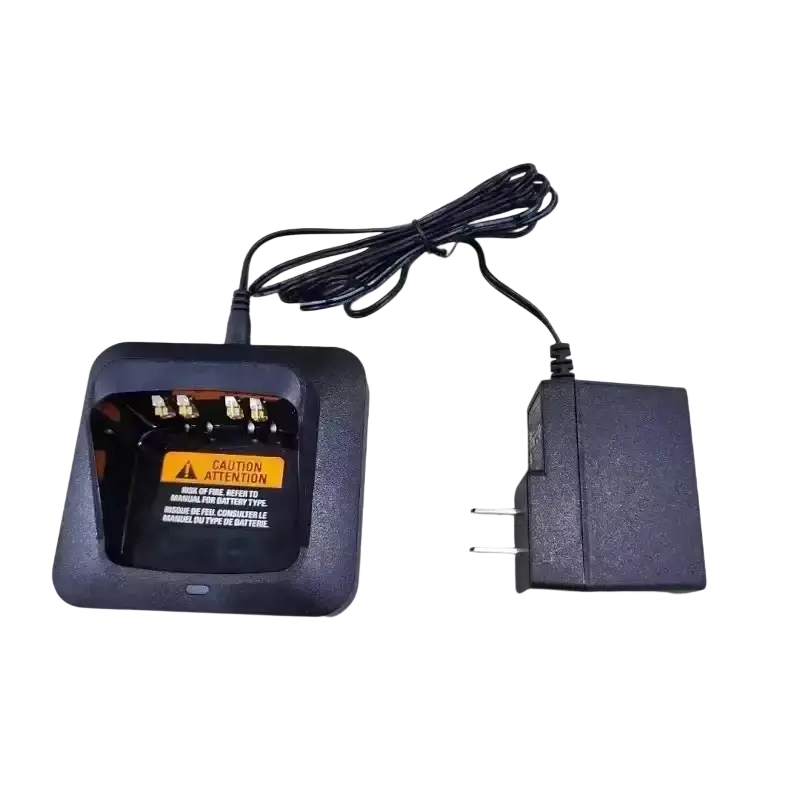 Black plastic desktop base charger with integrated power adapter and coiled cable for motorola xts2500 xts1500 radios