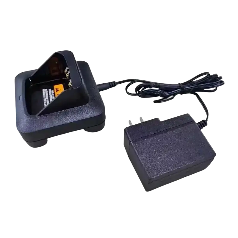 Black plastic desktop base charger for motorola xts2500 xts1500 with coiled power cord and matching adapter