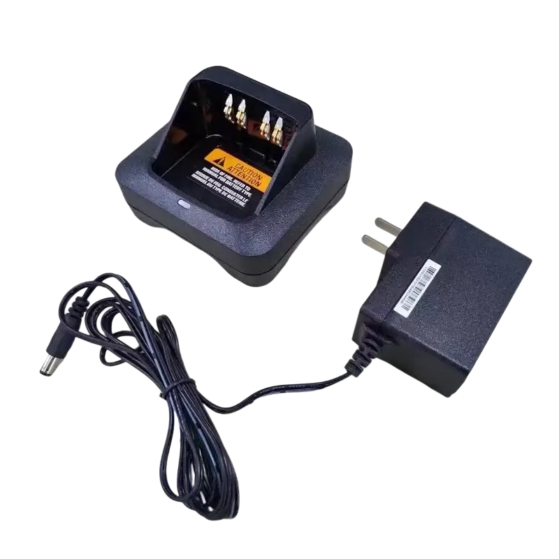 Black plastic desktop base charger with gold contacts and power adapter for motorola xts2500 xts1500 radios