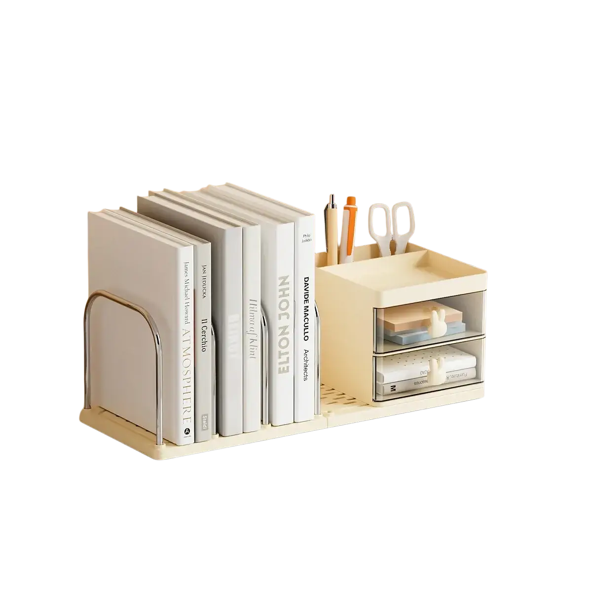 Cream-colored desktop book organizer with clock, transparent drawers, and built-in pen holder for desk storage