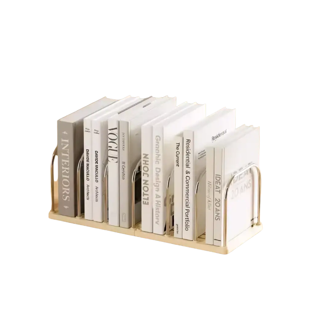 Desktop book organizer with clock and drawers in light wood finish featuring curved metal supports and neatly arranged white books
