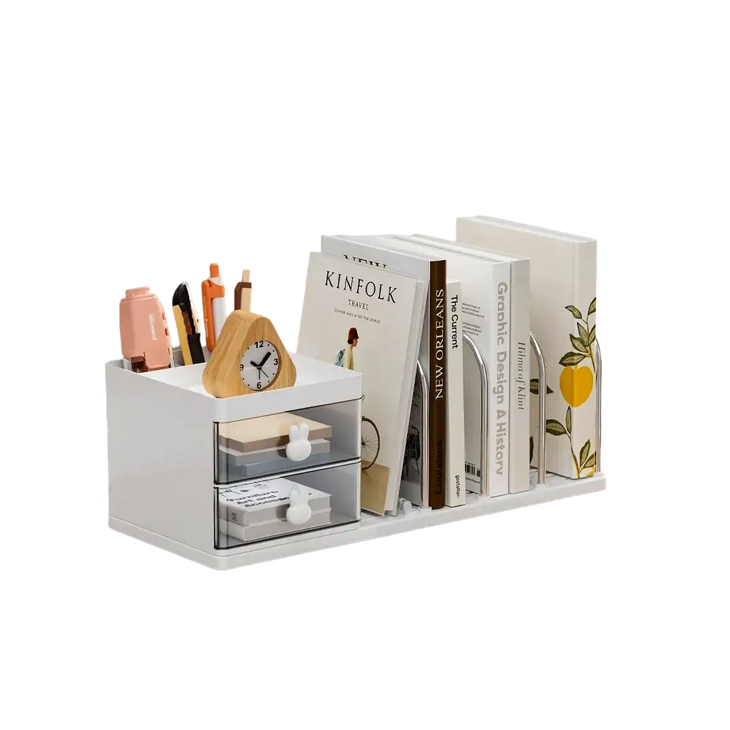 White plastic desktop book organizer with two clear drawers and a wooden clock on top for office use