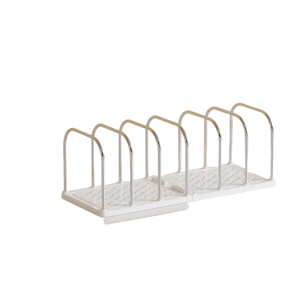 Desktop book organizer with clock and drawers featuring a white plastic dish rack with five chrome metal arches