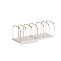 Desktop book organizer with clock and drawers featuring a white plastic dish rack with five chrome metal arches