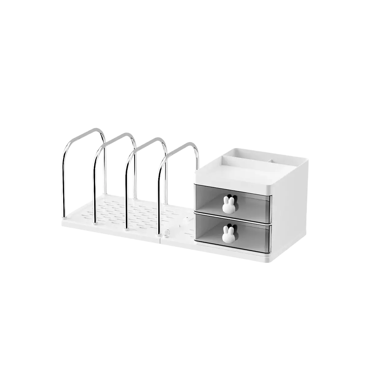 White plastic desktop book organizer with clock chrome metal arches and drawers with bunny-shaped handles
