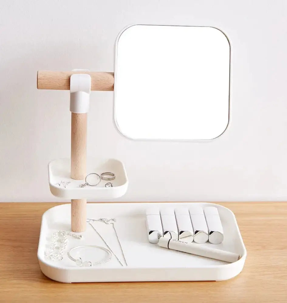 Minimalist white plastic and wood jewelry organizer with adjustable square mirror for cosmetics storage