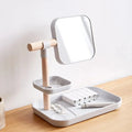 Minimalist cosmetics storage box with adjustable square mirror, light wood handle, and gray plastic two-tiered trays