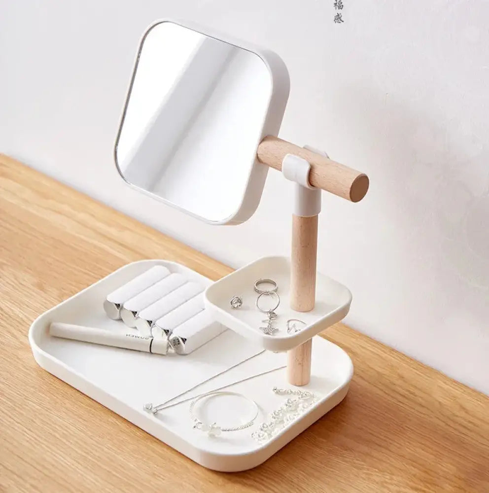 Minimalist cosmetics storage box in white plastic and wood with an adjustable square mirror on a stand