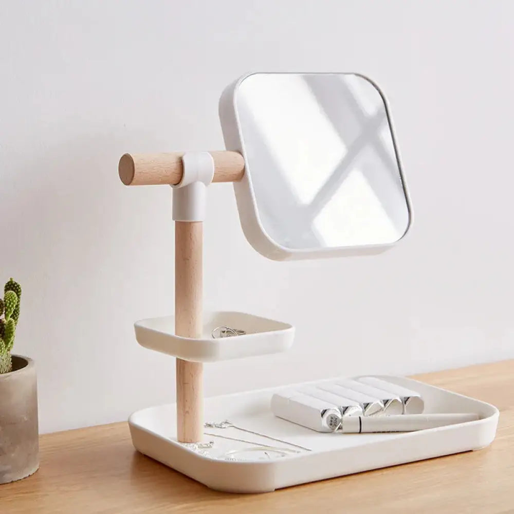 Minimalist cosmetics storage box with adjustable mirror featuring light wood handle white plastic tray and tiered shelves