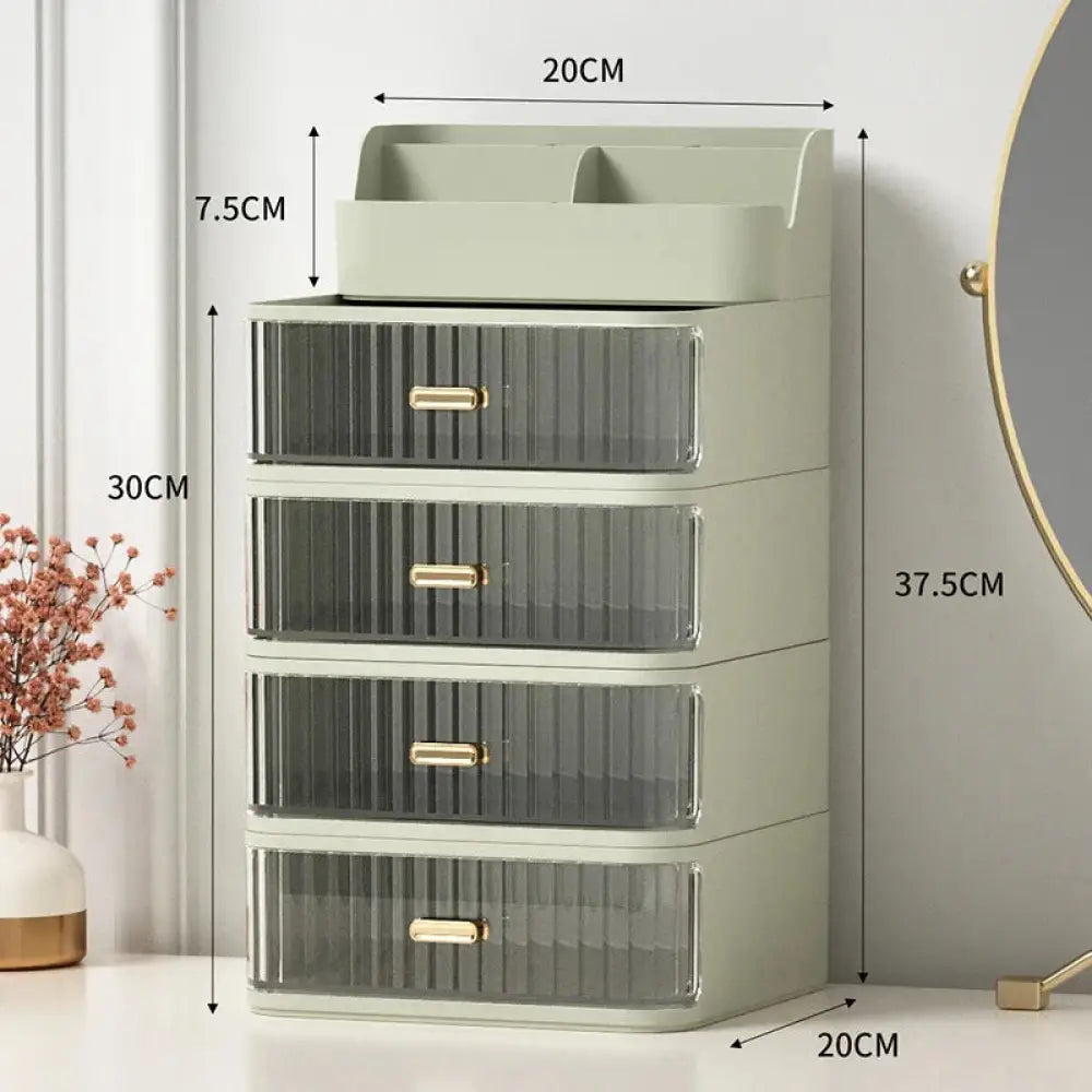 Modern two tiered desktop makeup and jewelry organizer in sage green plastic with four transparent ribbed drawers and gold handles