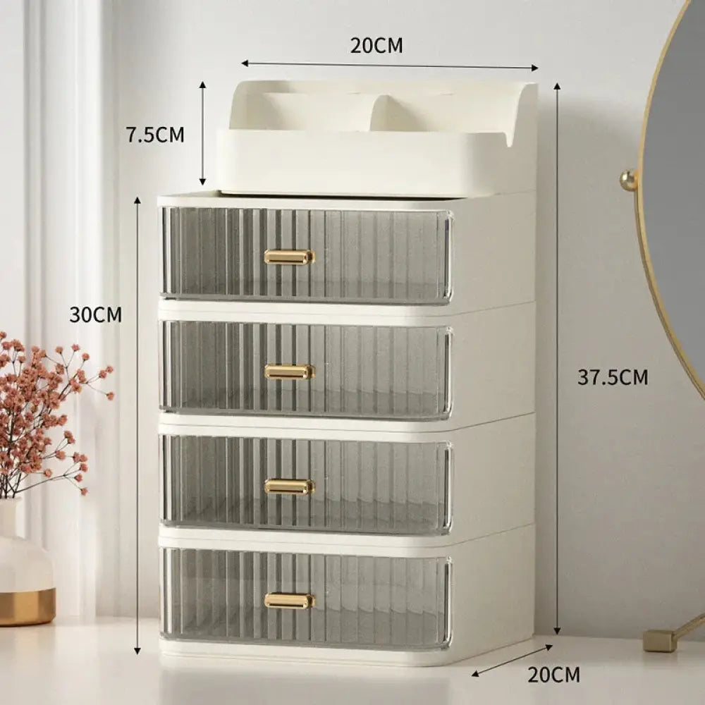 Modern two tiered desktop makeup and jewelry organizer in white plastic with four translucent drawers and gold tone handles