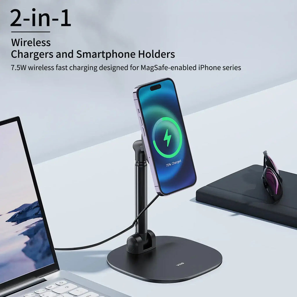 Black 2-in-1 wireless charger and smartphone holder desktop magnetic bracket for magsafe iphone series
