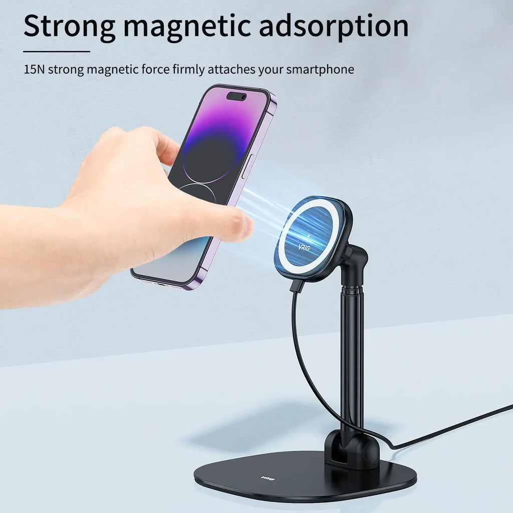 Black magnetic wireless charging phone stand with circular pad and adjustable arm desktop magnetic bracket