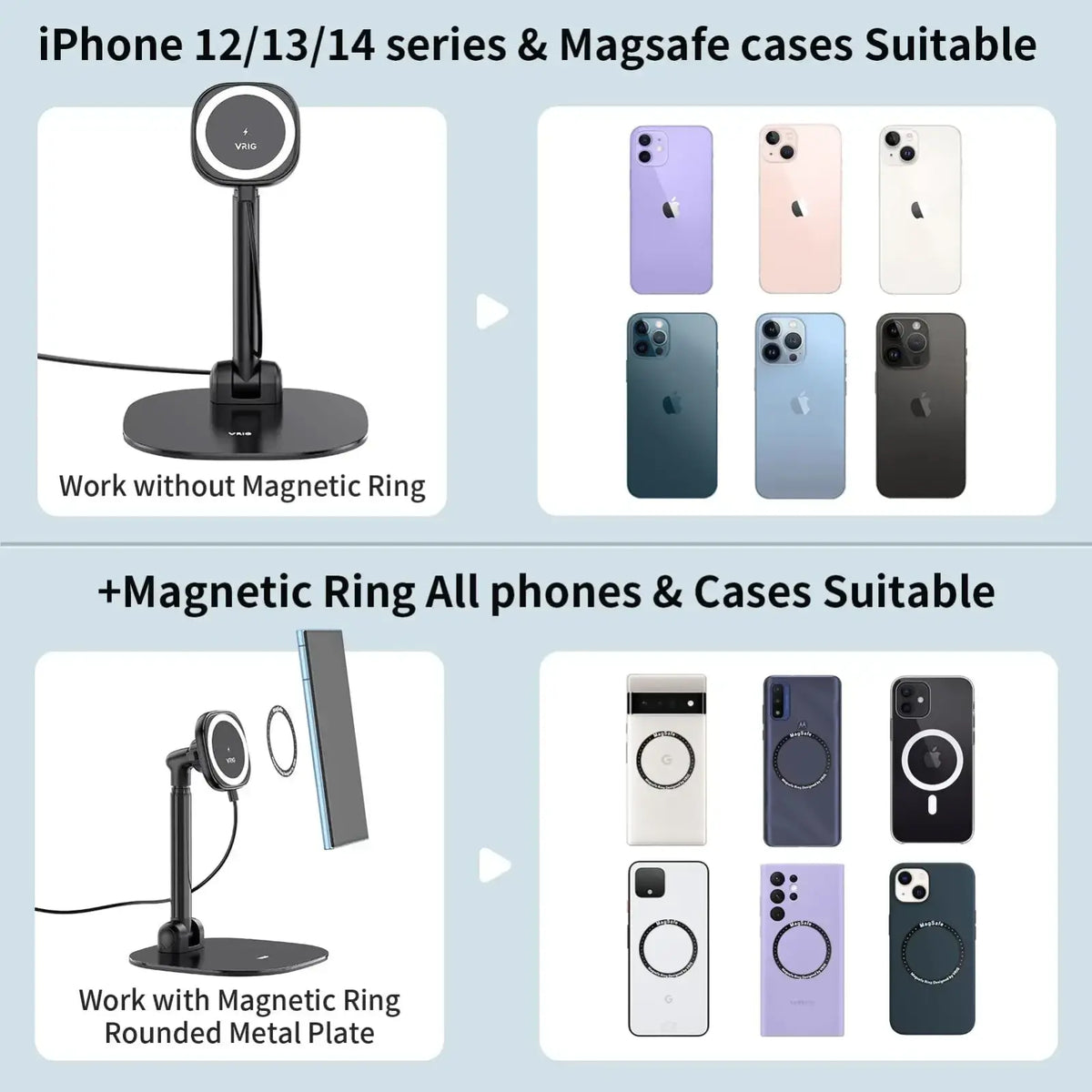 Black magnetic bracket desktop magnetic wireless charging phone stand with adjustable arm and circular charging ring