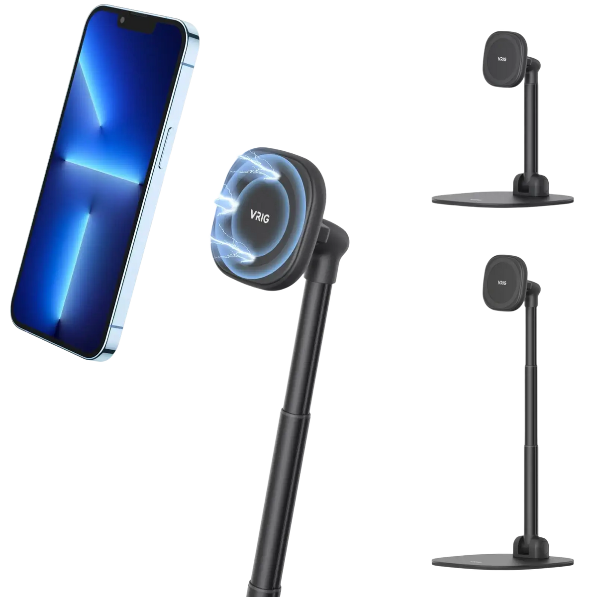 Black desktop magnetic bracket with adjustable height and sleek minimalist design for wireless charging phone stand