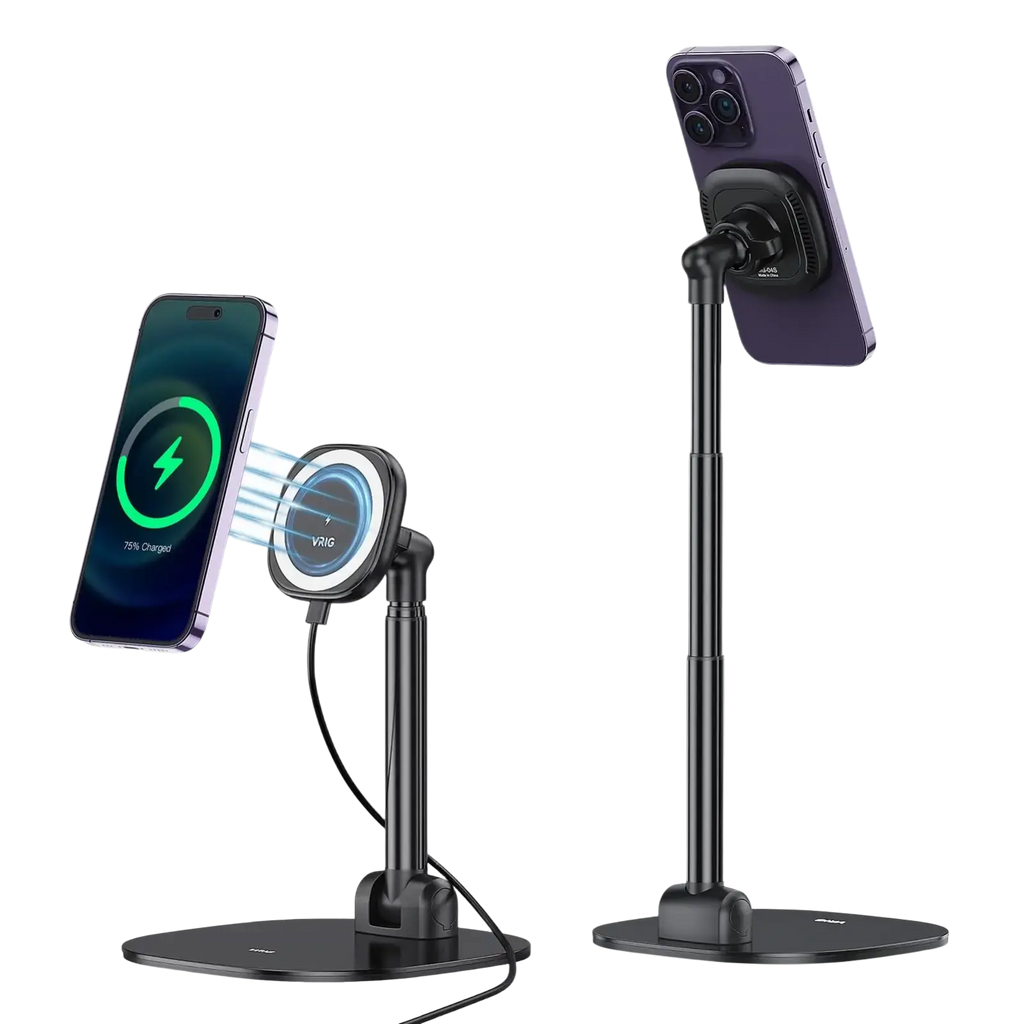 Black magnetic desktop bracket with adjustable height and circular wireless charging pad for phones