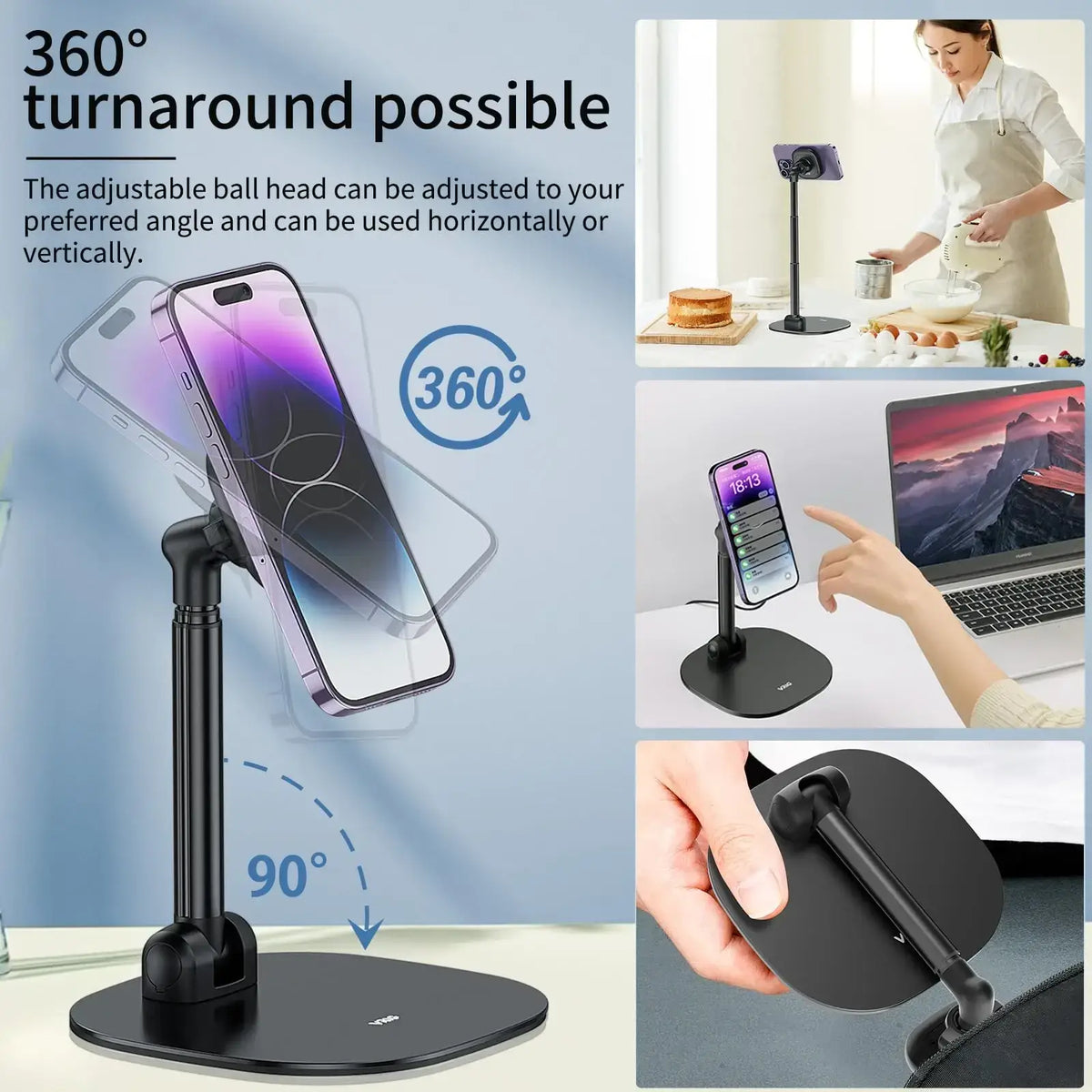 Black adjustable desktop magnetic bracket phone stand with ball head for 360-degree rotation and wireless charging