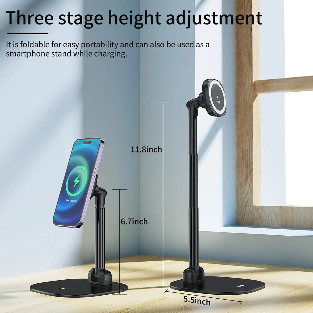 Black magnetic bracket desktop magnetic wireless charging phone stand with three-stage height adjustment and foldable design