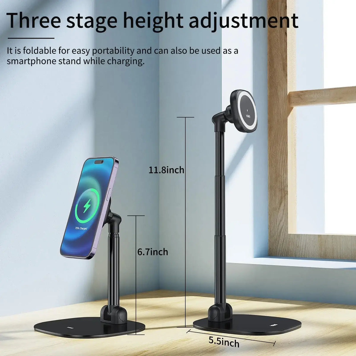 Black magnetic bracket desktop magnetic wireless charging phone stand with three-stage height adjustment and foldable design