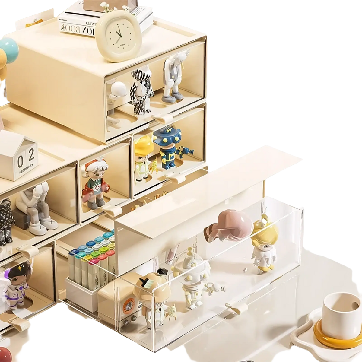 Beige and clear acrylic desktop organizer and collectible display case with pull-out compartments for figurines