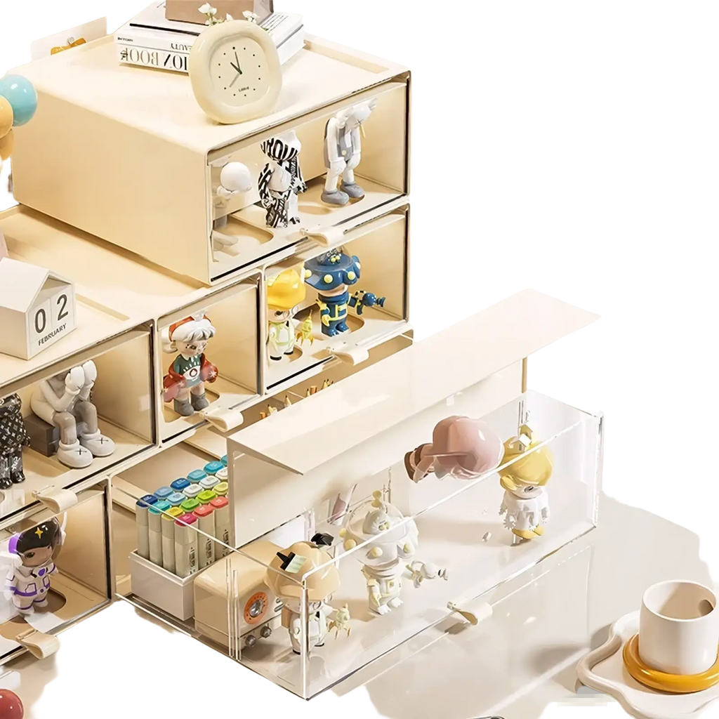 Beige and clear acrylic desktop organizer and collectible display case with pull-out compartments for figurines