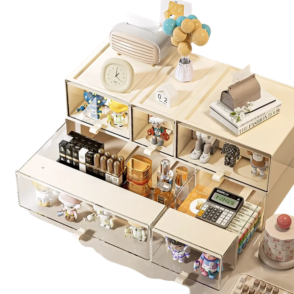 Beige multi-drawer transparent acrylic desktop organizer with sliding doors and white handles for collectible display