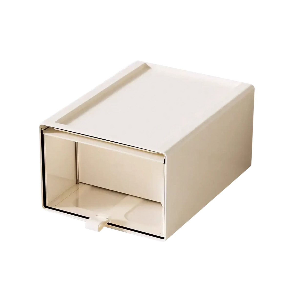 Beige plastic desktop organizer with sleek minimalist design and smooth edges for drawer and collectible display