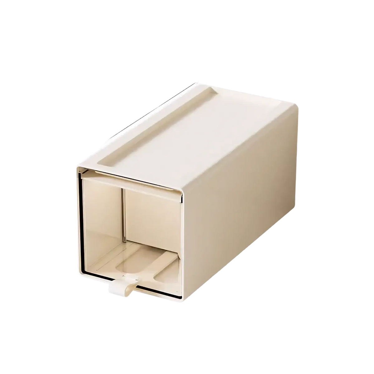 Beige rectangular plastic desktop organizer with sliding front panel and dimensions 20cm x 10cm x 10cm for collectibles