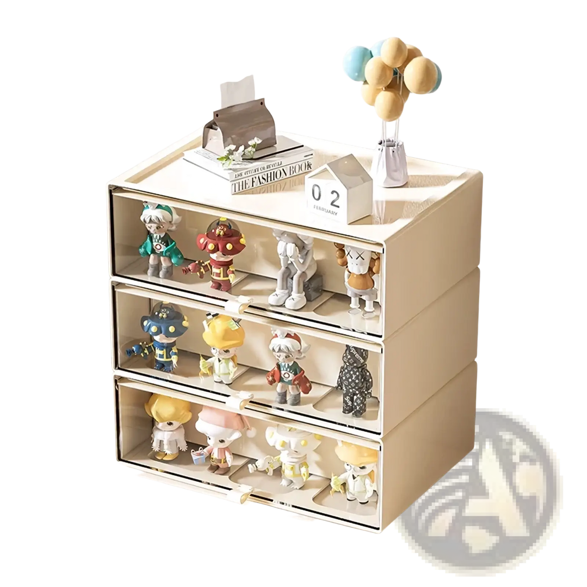 Beige three-drawer desktop organizer with clear fronts and white handles displaying colorful collectible figurines