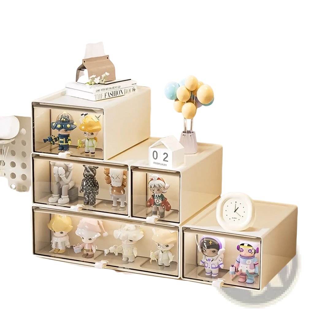 Beige translucent drawer storage units with clear front panels and white handles for desktop organizer and collectible display case