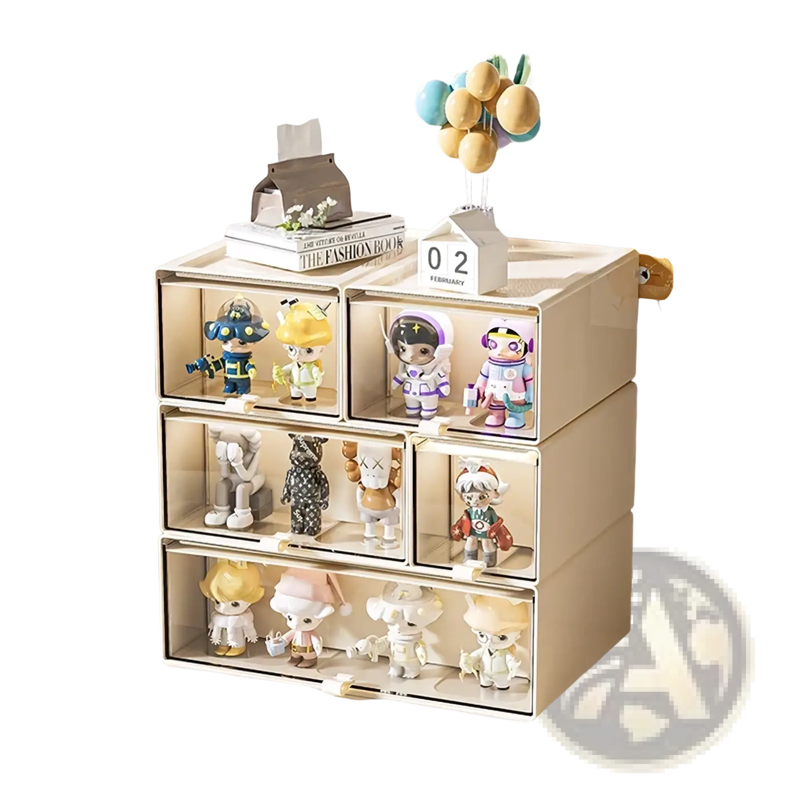 Beige translucent desktop organizer and collectible display case with clear front panels and white pull handles showing colorful figurines
