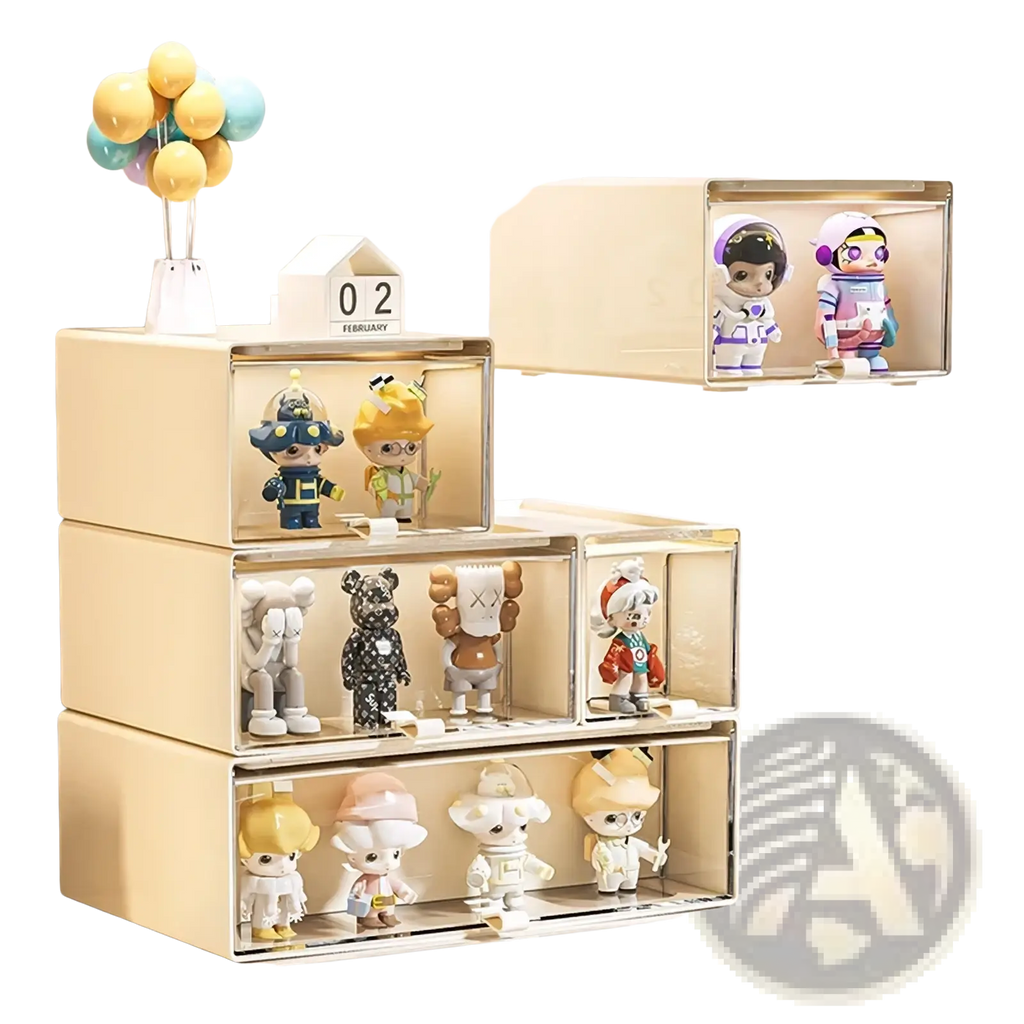 Beige translucent desktop organizer with clear front storage drawers displaying colorful collectible figurines