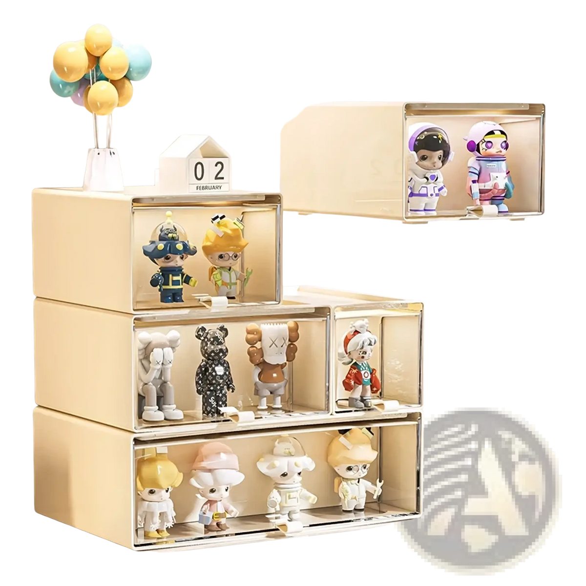 Beige translucent desktop organizer with clear front storage drawers displaying colorful collectible figurines
