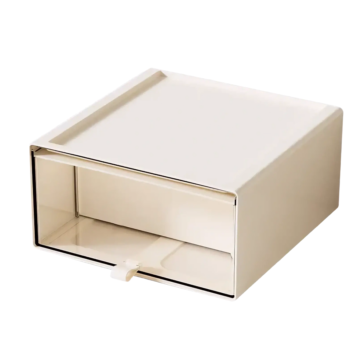 Cream-colored plastic desktop organizer and collectible display case with minimalist design and 20cm by 20cm by 10cm size
