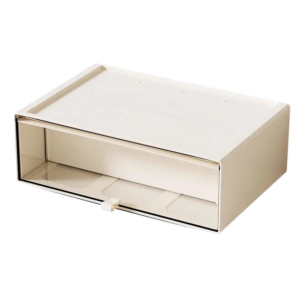 Cream-colored rectangular desktop organizer with a sleek minimalist design and transparent front panel for display