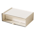 Cream-colored rectangular desktop organizer with a sleek minimalist design and transparent front panel for display