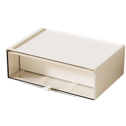 Cream-colored rectangular desktop organizer with a sleek minimalist design and transparent front panel for display