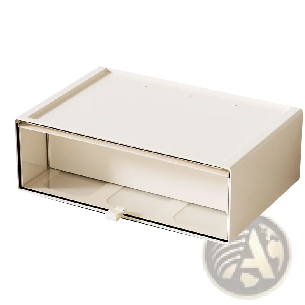 Cream-colored rectangular desktop organizer with a sleek minimalist design and transparent front panel for display