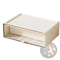 Cream-colored rectangular desktop organizer with a sleek minimalist design and transparent front panel for display