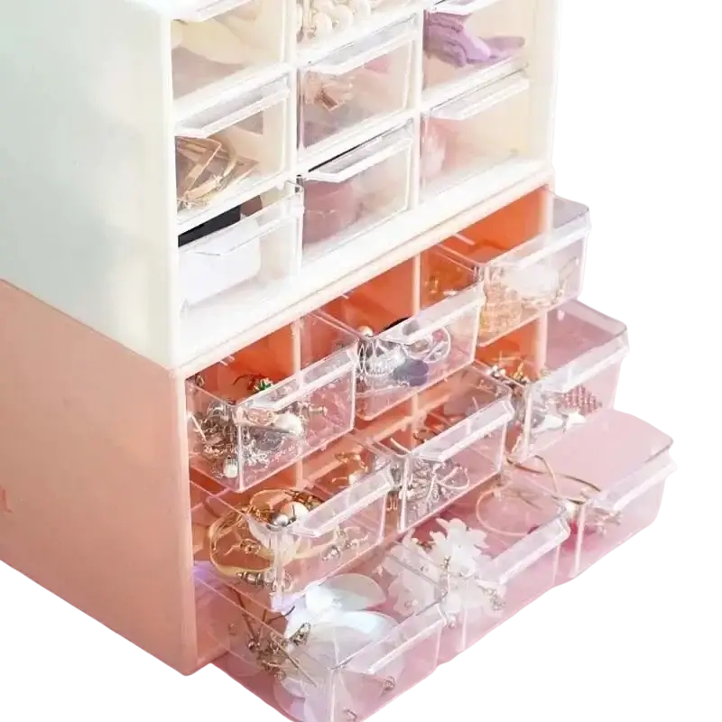 Pastel pink and white two-tiered desktop organizer with clear acrylic drawers high-color design made in mainland china