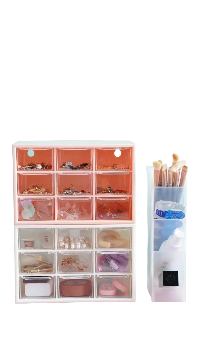 Desktop organizer mini clear drawer storage shelf with white frame pink accents and transparent compartments from mainland China