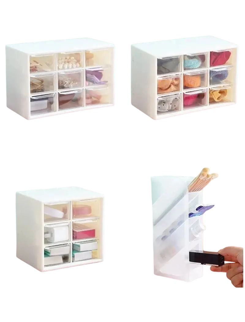 White plastic desktop organizer with clear drawers high-color design for jewelry and makeup brushes made in mainland china