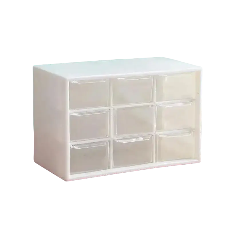 White plastic desktop organizer with nine clear transparent drawers in a high-color design made in mainland China