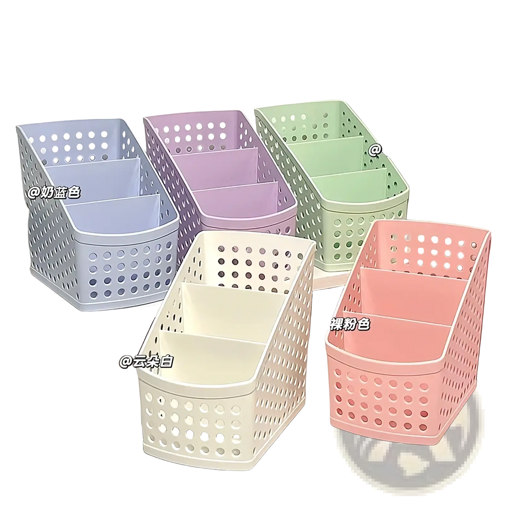 Pastel-colored plastic desktop stationery organizer with perforated sides and internal dividers for makeup and pens