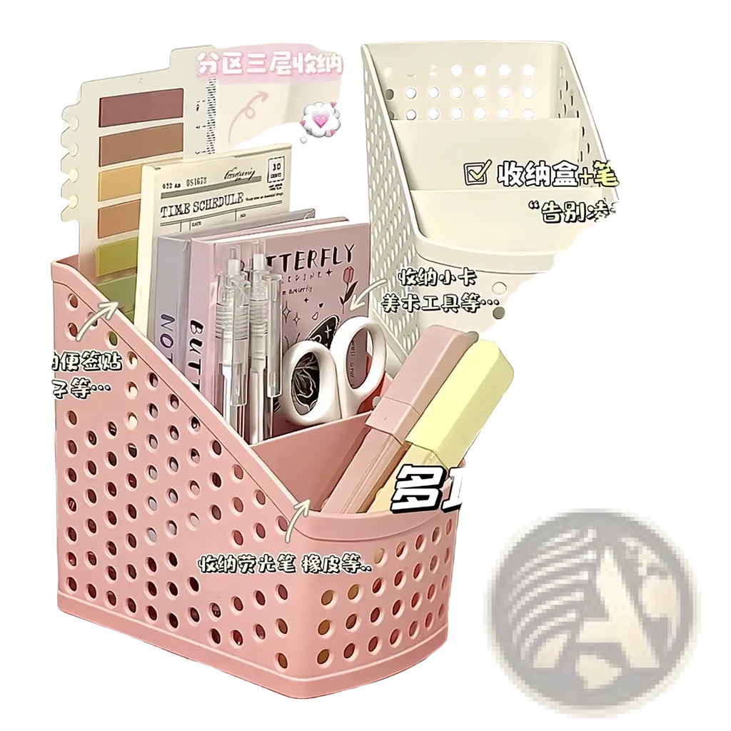 Pink perforated plastic desktop stationery organizer with three-tiered compartments for makeup and pen storage