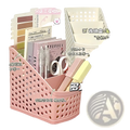 Pink perforated plastic desktop stationery organizer with three-tiered compartments for makeup and pen storage
