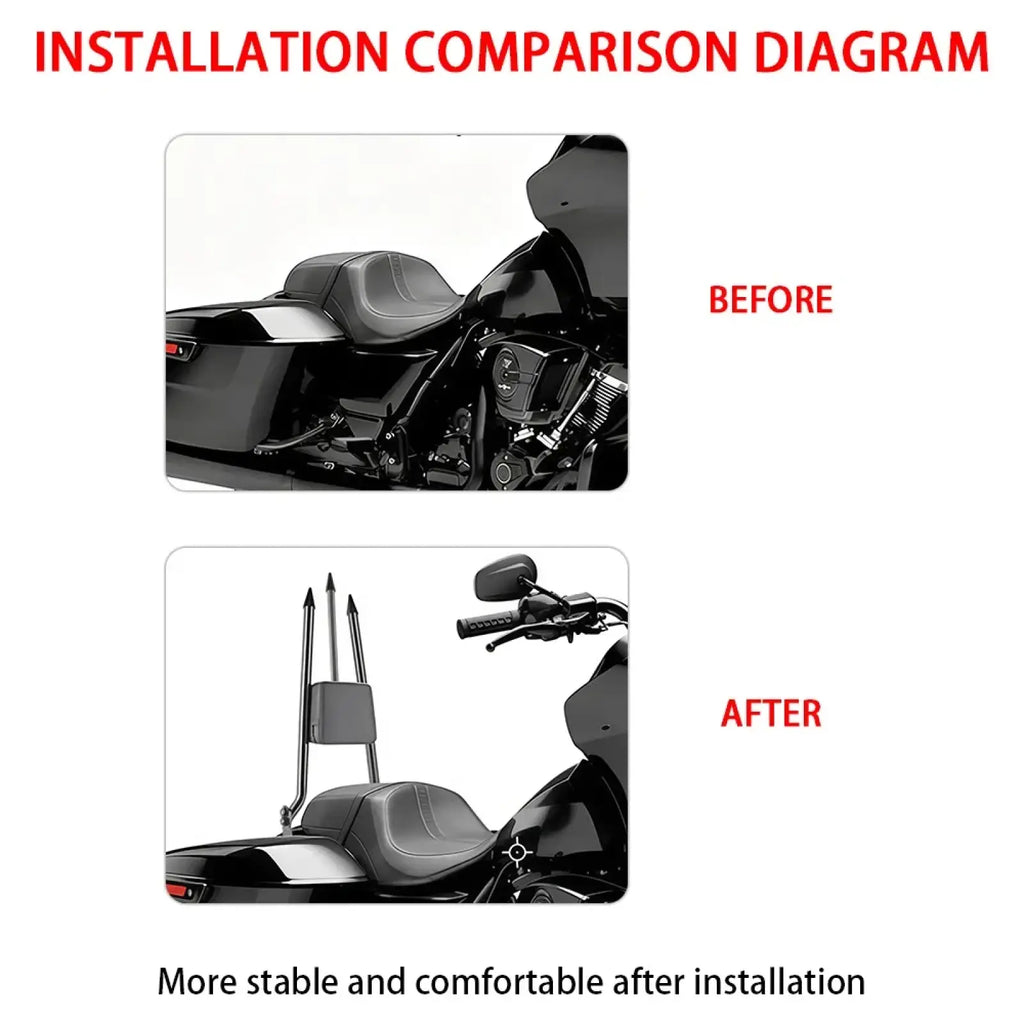 Black detachable passenger backrest rear luggage rack with adjustable uprights and central mounting plate for harley touring