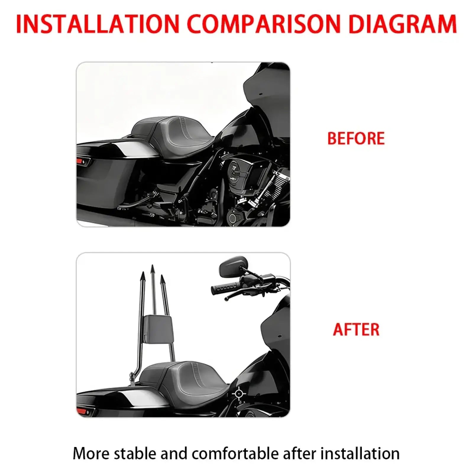 Black detachable passenger backrest rear luggage rack with adjustable uprights and central mounting plate for harley touring